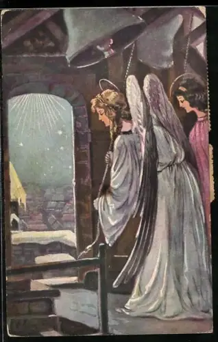 Künstler-AK Weihnachtsengel läuten Kirchenglocken bei Nacht