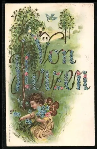 AK Elfe mit Flügeln pflückt Vergissmeinnicht, Blumen-Schriftzug Von Herzen