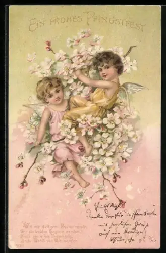 Lithographie Zwei Engel inmitten von Blüten, Pfingstgruss