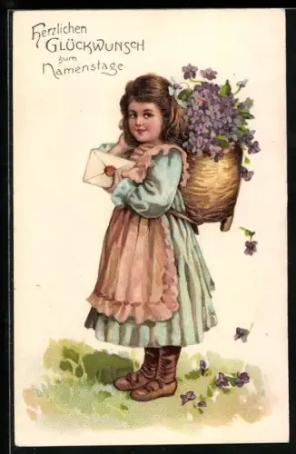 Präge-AK Kleine Gratulantin mit Veilchenkorb und Brief, Namenstagsgruss