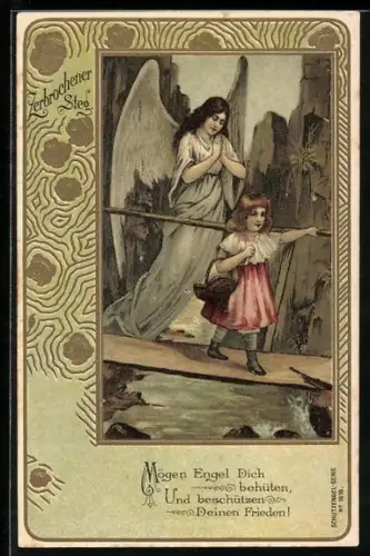 Lithographie Schutzengel begleitet Kind über einen zerbrochenen Steg