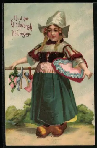 Präge-AK Kleine Holländerin mit Herzen und Hufeisen, Namenstagsgruss