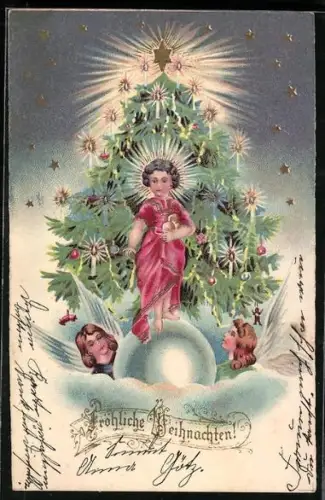 Lithographie Christkind mit Christbaum und Weihnachtsengeln