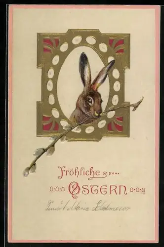 Präge-AK Osterhase mit Weidenkätzchenzweig, Jugendstil