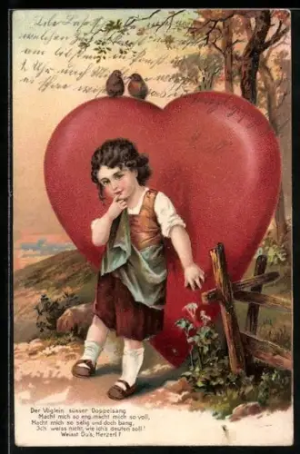Lithographie Kleines Mädchen vor einem roten Herz, Rotkehlchen
