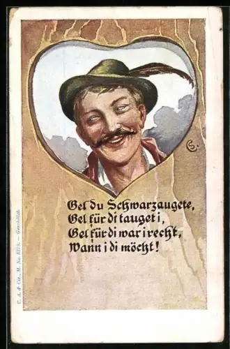 AK Gel du Schwarzaugete, Tiroler mit Hut im Herz-Rahmen