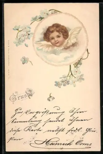 Lithographie Kleiner Engel in den Wolken, Blühende Zweige