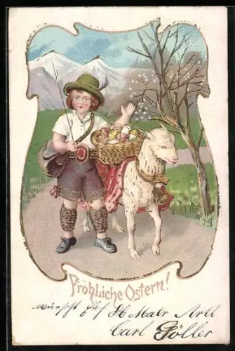 AK Junge mit Lamm und Ostereiern, Ostergruss