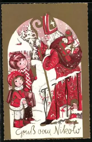 AK Nikolo mit Sack voller Gaben, Begegnung mit Kinderpaar