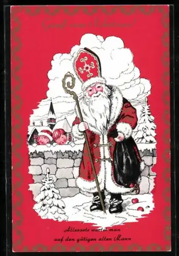 AK Kinder beobachten den Nikolaus von einer Mauer aus