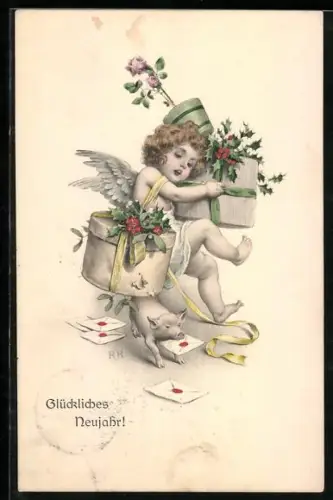 AK Neujahrsengel mit Geschenken und Glücksschwein