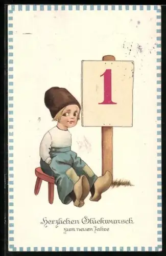 AK Glückwunsch zum neuen Jahre, Kind mit Mütze u. Kalenderblatt