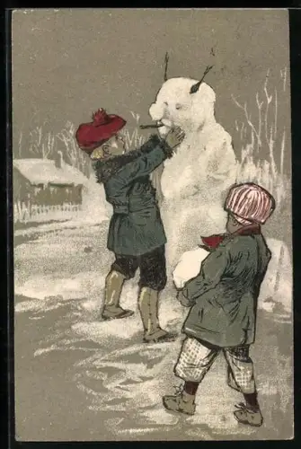 Lithographie Kinder bauen einen Schneemann