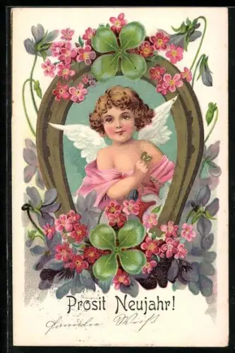 Lithographie Neujahrsengel im Hufeisen-Rahmen, Glücksklee