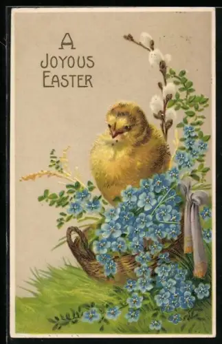 Präge-AK Osterküken im Korb, Vergissmeinnicht, Weidenkätzchen