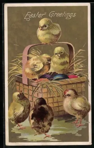 Präge-AK Osterküken mit bunten Eiern im Korb