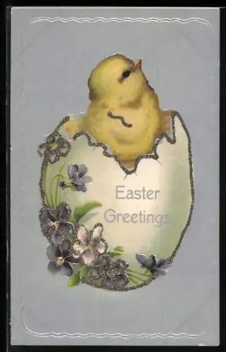 Präge-AK Osterküken schlüpft aus dem Ei, Blumen, Glitter