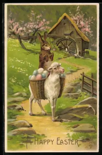 Präge-AK Osterhase reitet auf einem Osterlämmchen mit Ostereierkörben