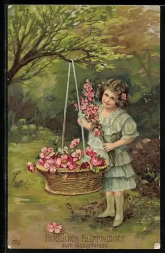 Präge-AK Kleine Gratulantin mit Blumenkorb im Grünen, Geburtstagsgruss