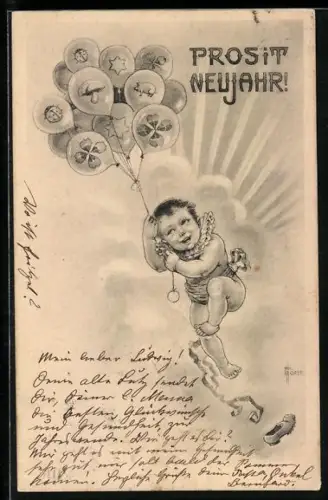 AK Kleinkind schwebt mit Glücksbringer-Ballons am Himmel, Neujahrsgruss