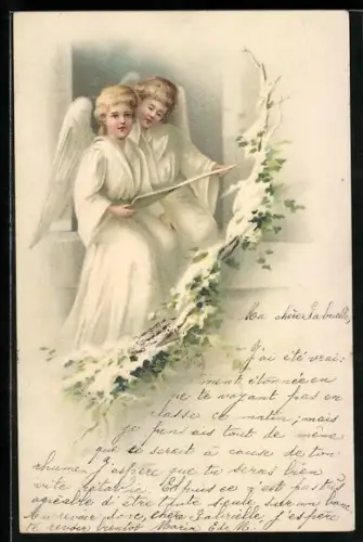 Lithographie Singende Weihnachtsengel mit schneebedecktem Blattwerk
