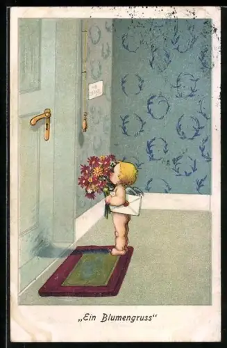 AK Ein Blumengruss, Kleiner Engel mit Blumen und Brief vor einer Tür