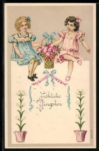 Präge-AK Zwei kleine Mädchen mit Rosenkorb, Pfingstgruss