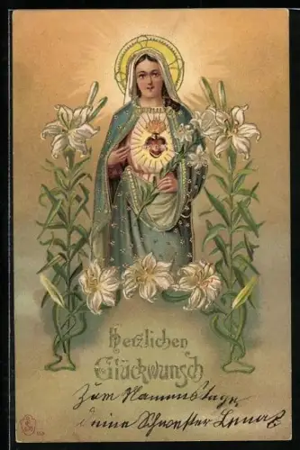 Lithographie Maria, Herz, Lilien, Glückwunsch