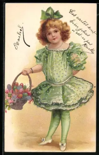 Lithographie Kleines Mädchen mit Ostereierkorb