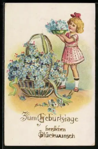AK Kleine Gratulantin mit Blumenkorb, Vergissmeinnicht, Geburtstagsgruss