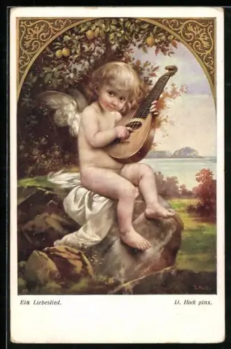 Künstler-AK Brüder Kohn (B.K.W.I) Nr. 1553: D. Hock: Ein Liebeslied, Kleiner Engel beim Spiel auf der Laute