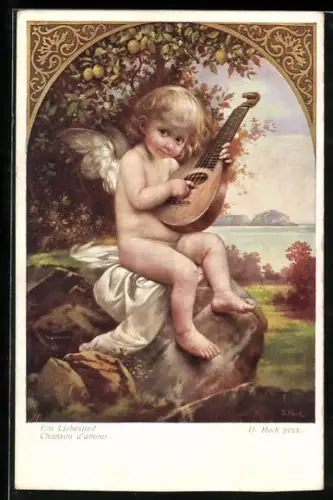 Künstler-AK Brüder Kohn (B.K.W.I) Nr. 1553: D. Hock: Ein Liebeslied, kleiner Engel beim Spiel auf der Laute