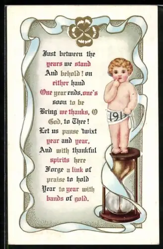 AK Knabe auf einer Sanduhr, Kleeblatt, Neujahrsgruss