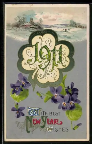 AK Schneeidylle, Veilchen, Neujahrsgruss 1911 im Kleeblatt