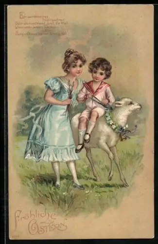 Lithographie Fröhliche Ostern, Zwei Kinder mit einem Lamm auf einer Wiese