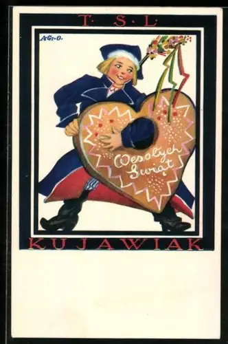 Lebkuchen-AK Trachtenjunge mit Lebkuchenherz