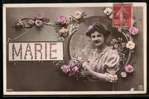 AK Namenstag Marie, Frau mit Blumen im Passepartout-Rahmen