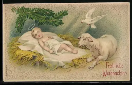 Präge-AK Schlafendes Jesuskind in der Krippe mit Schaf und Taube, Weihnachtsgruss