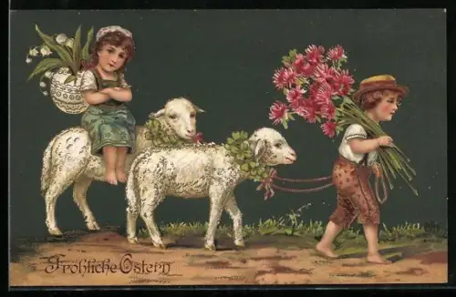 Präge-AK Zwei Kinder mit Blumen und Osterlämmern