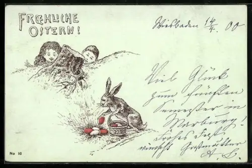 AK Zwei Kinder beobachten den Osterhasen beim verteilen von Ostereiern