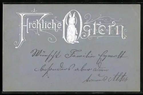 Präge-AK Stehender Osterhase im Schriftzug Fröhliche Ostern