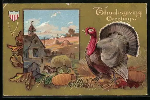 Präge-AK Thanksgiving, Truthahn mit Kürbissen