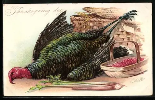 Präge-AK Truthahn mit einem Korb voller Beeren