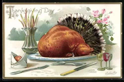 Präge-AK Gebratener Truthahn steht auf dem Tisch, Thanksgiving day
