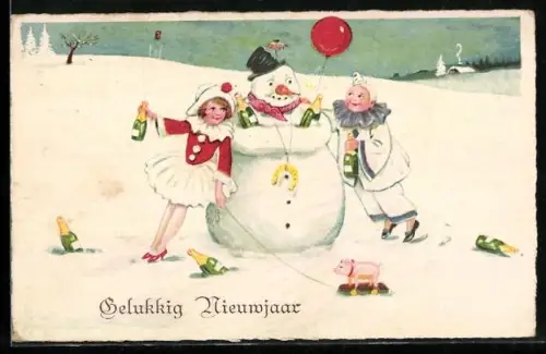 AK Zwei junge Harlekine erfreuen sich am Anblick des Schneemanns