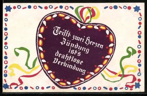 AK Herz mit Schriftzug Trifft zwei Herzen Bündung ist`s drahtlose Verbindung