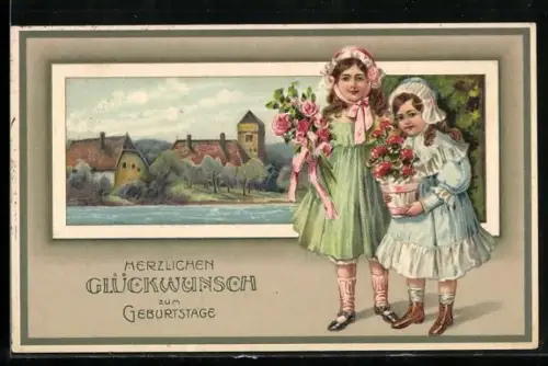 Präge-AK Zwei Mädchen mit Blumen zum Geburtstag