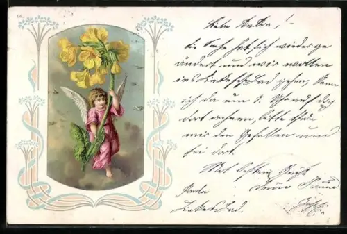 AK Engel trägt gelbe Blüten durch die Wolken