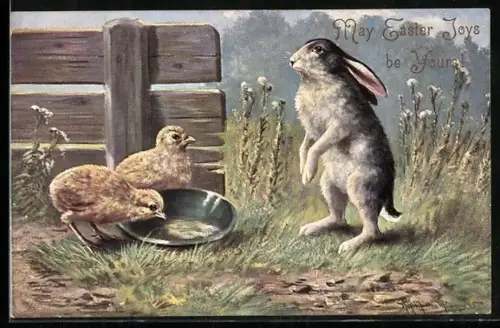 AK Osterhase mit zwei Osterküken auf einer Wiese