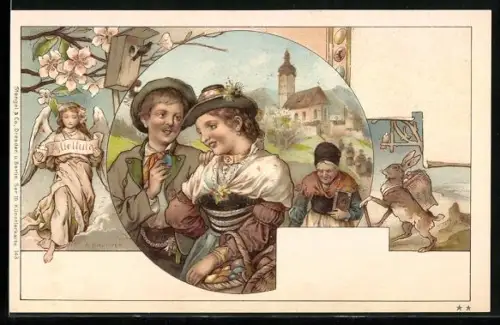 AK Osterhase mit einem Korb voller Ostereier, Osterengel unter Blüten